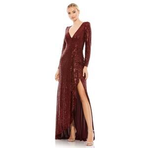 NWT IEENA Mac Duggal Sequin Wrap Evening Gown in Wine Red SZ 16